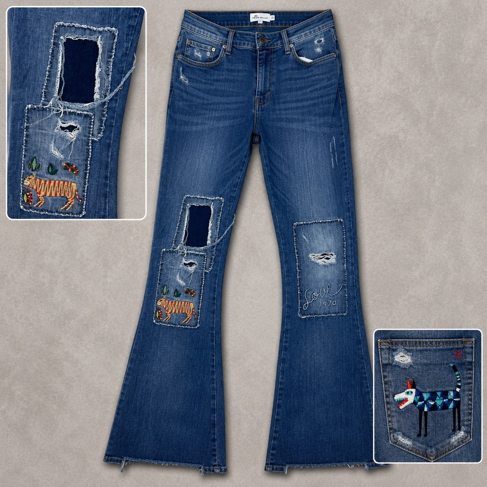 MM Vintage Jeans Women 28x34 Blue Flare Patch Embroidered Tiger Boho Distressed